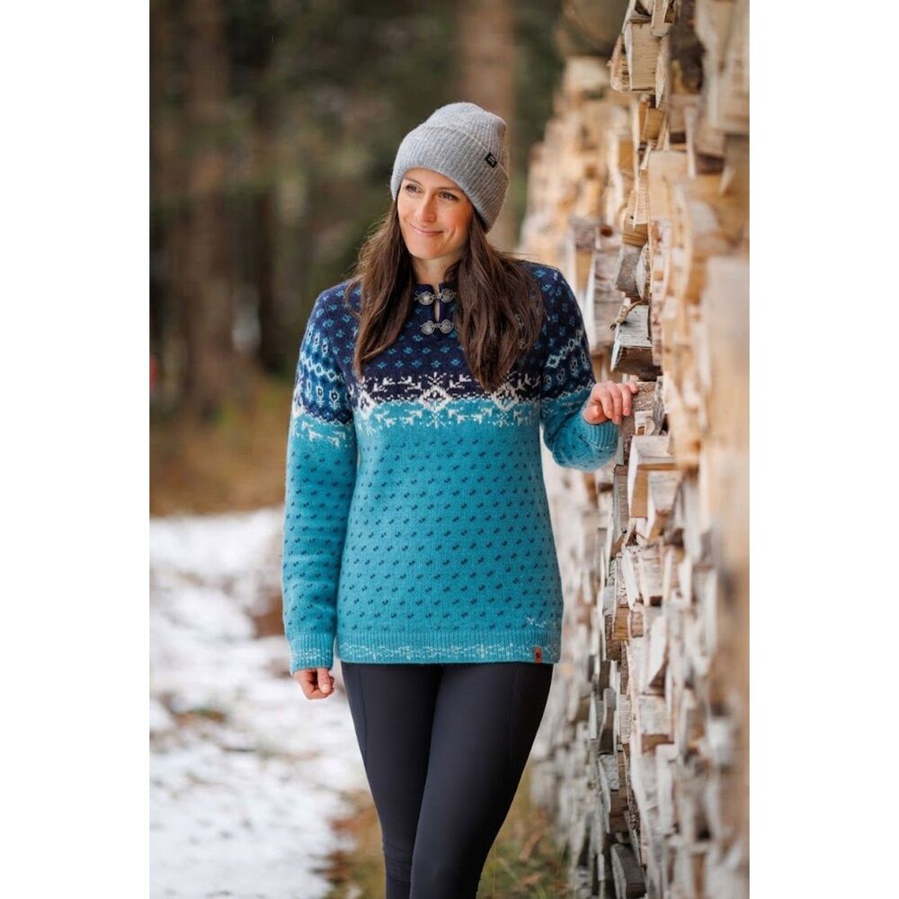 Woolrich Turquoise & Navy Nordic-Pattern Crewneck Sweater Sz L Split Neck